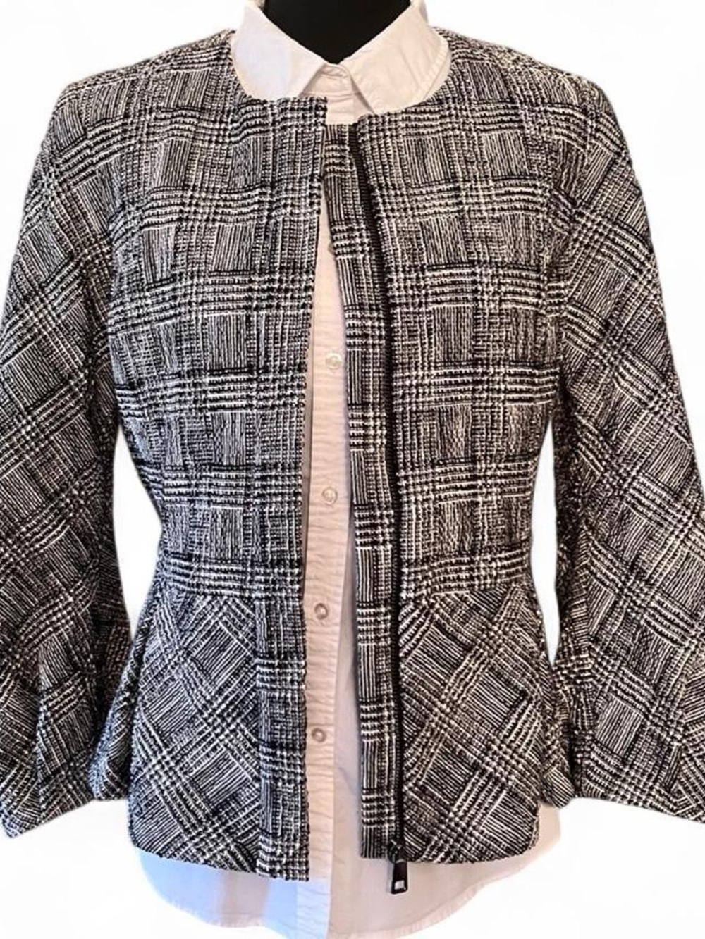 Banana Republic Black and White Cotton Tweed Peplum Zip Blazer Jacket